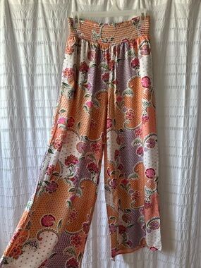 Patrons of Peace Smocked Boho Palazzo Pants in Peach with Pockets